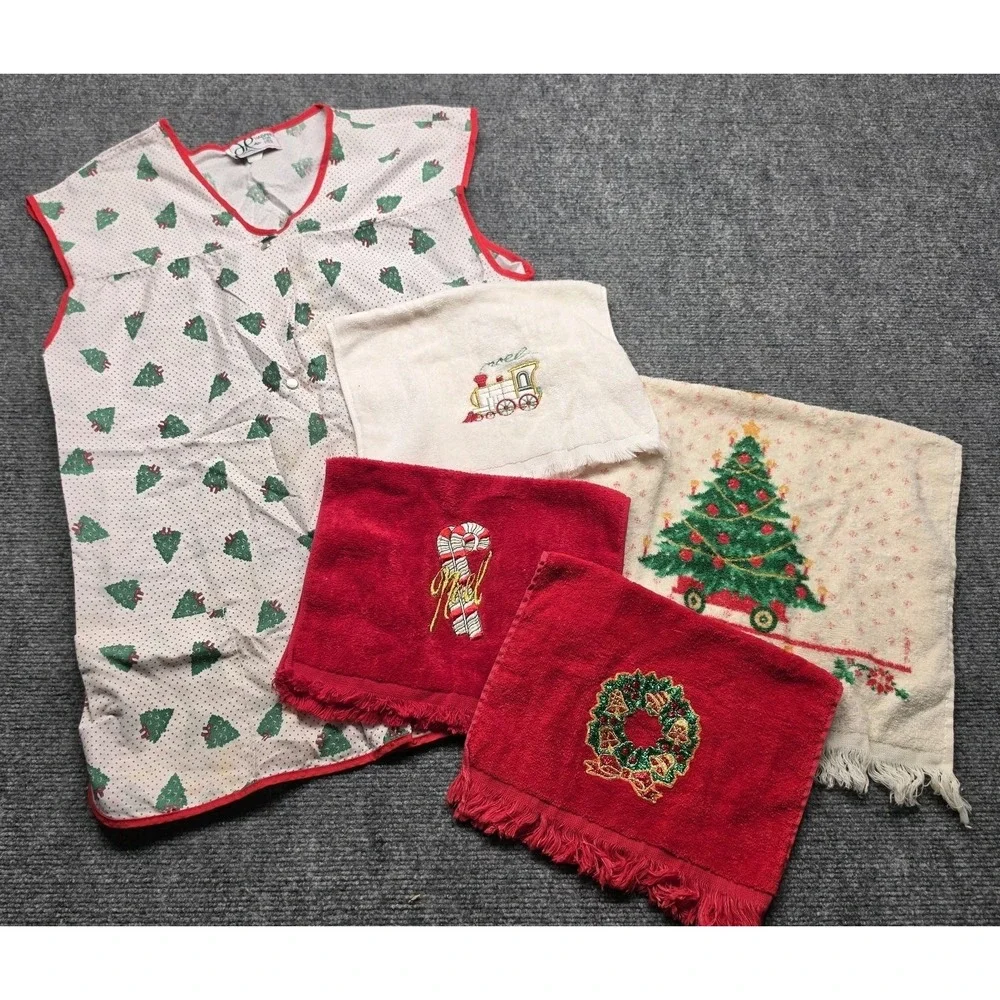 Vtg Holiday Kitchen Lot Haband Christmas Tree Apron Top XL + 4 Hand Towels Noel